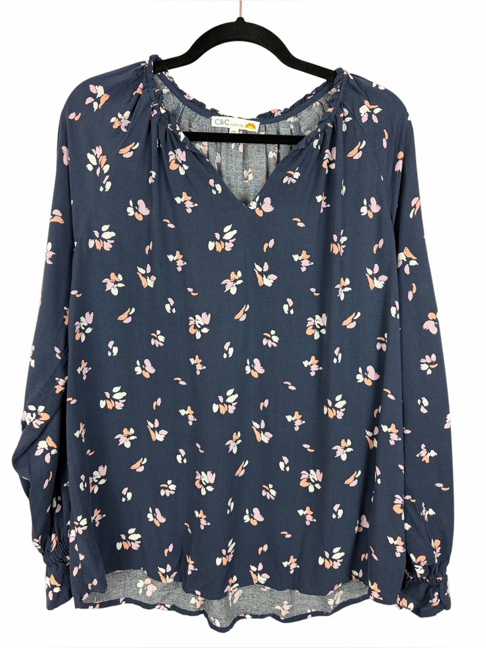 C&C California Floral Peasant Blouse Medium Navy 100% Rayon Long Sleeve Boho Top